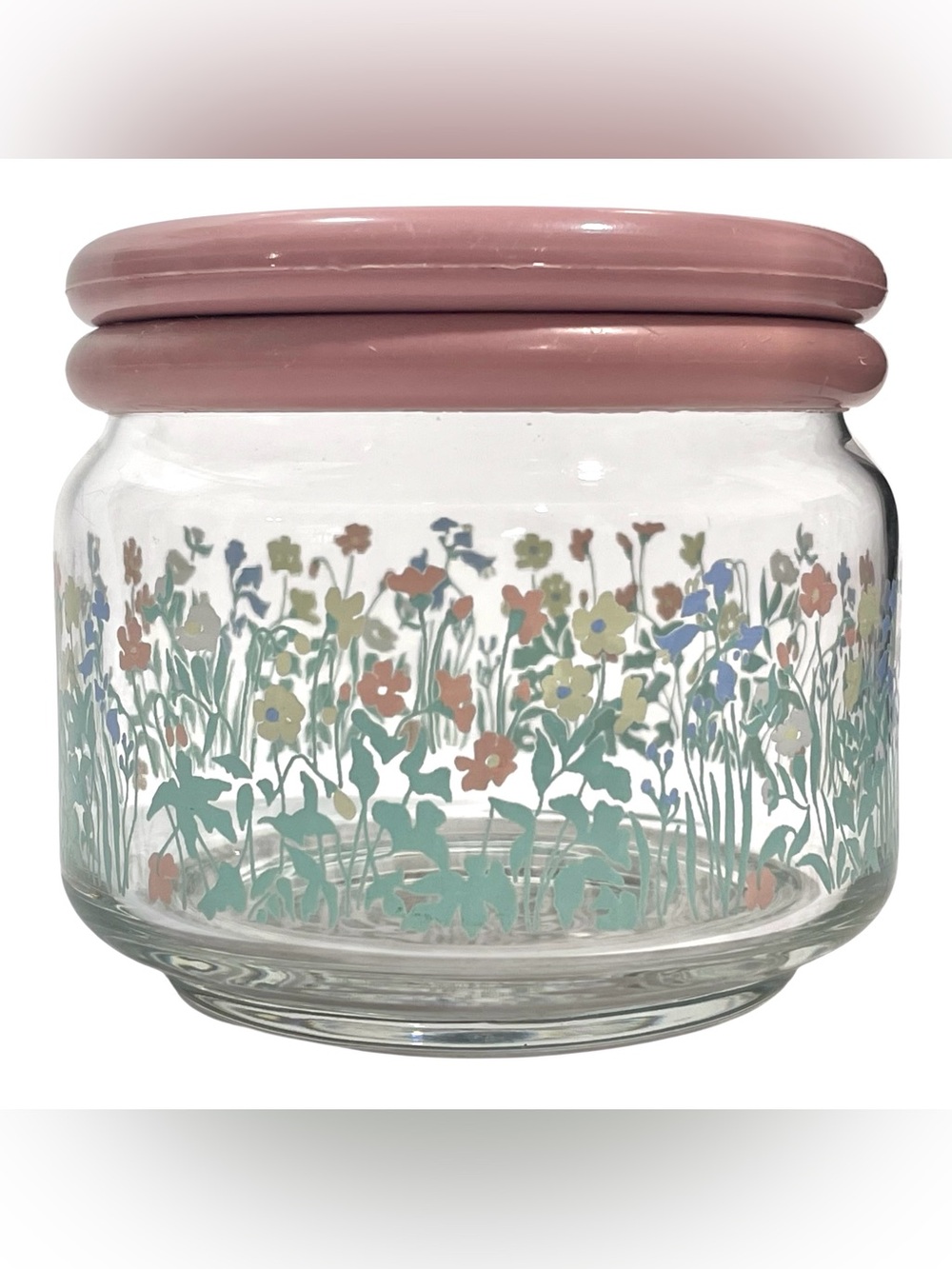 Vintage 1980s KIG Indonesia Wildflower Small Glass Jar Pastel Pink Plastic Lid